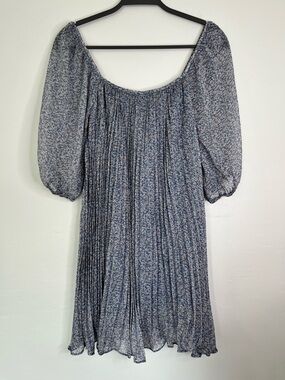 Lulus Medium Blue Floral Pleated Mini Dress Puff Sleeve Cottagecore